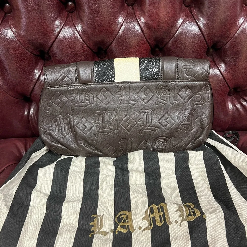 L.A.M.B. Dorset Chocolate Brown Leather Clutch with Faux Snakeskin